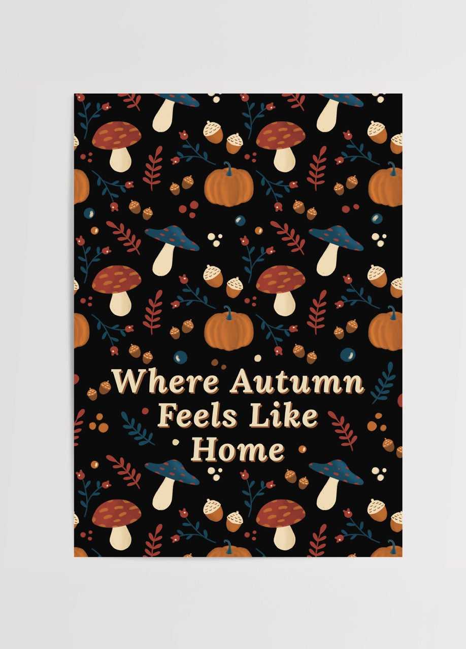 Autumn themed poster print featuring mushrooms, pumpkins, and acorns.