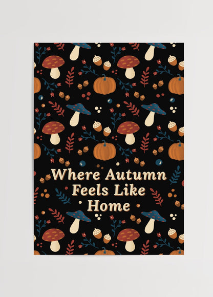 Autumn themed poster print featuring mushrooms, pumpkins, and acorns.