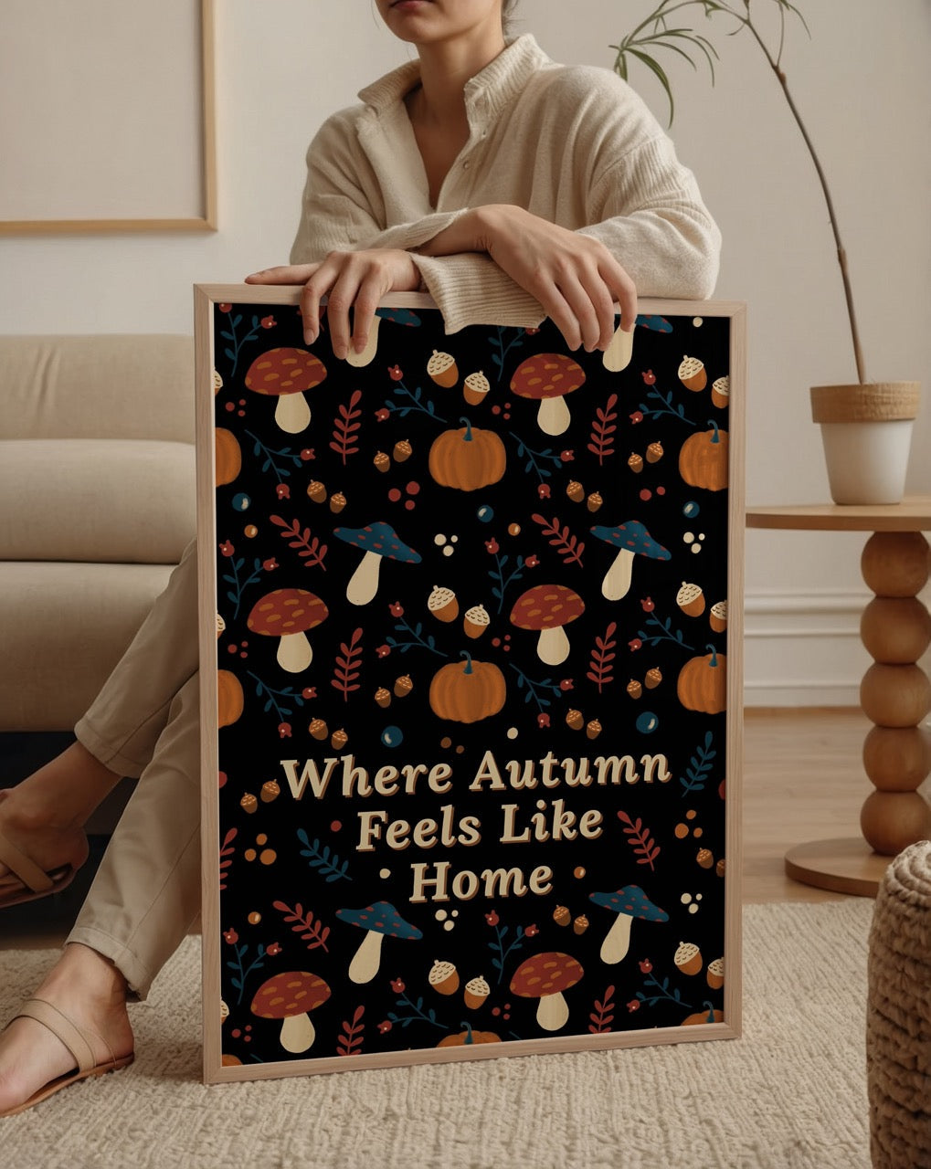 Autumn themed poster print featuring mushrooms, pumpkins, and acorns.