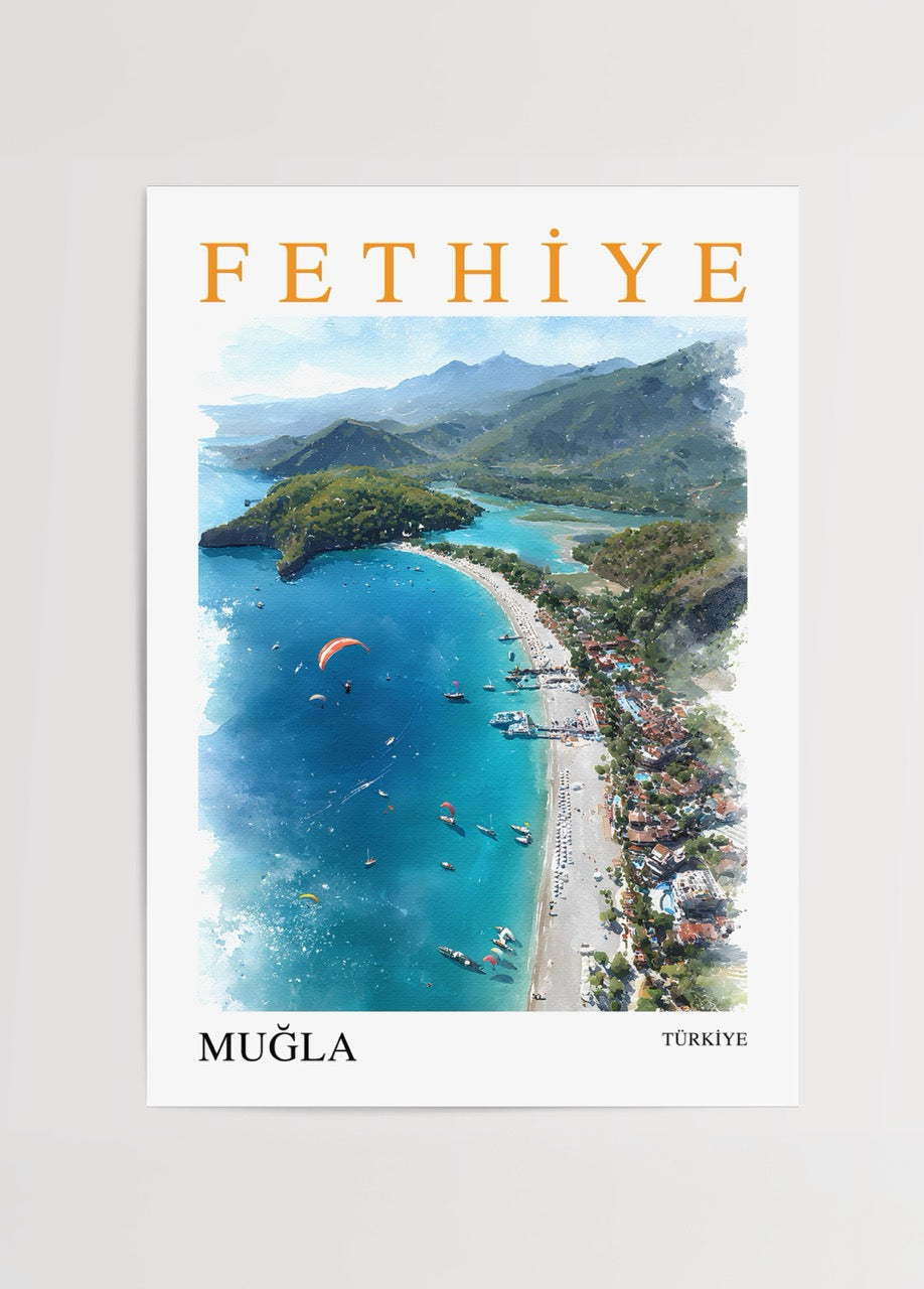 Fethiye, Muğla poster featuring a vibrant coastal landscape with paragliders.