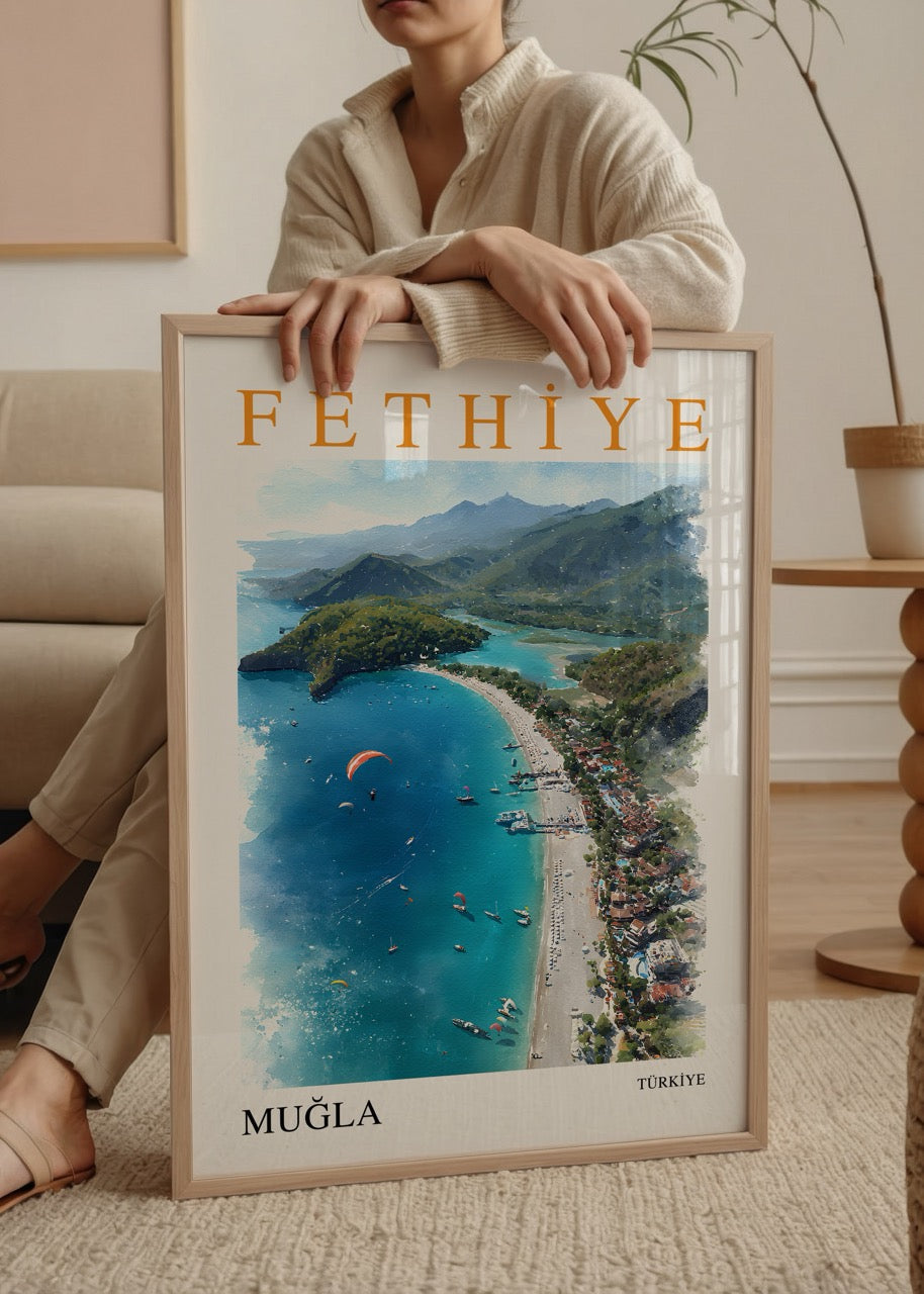 Fethiye, Muğla poster featuring a vibrant coastal landscape with paragliders.