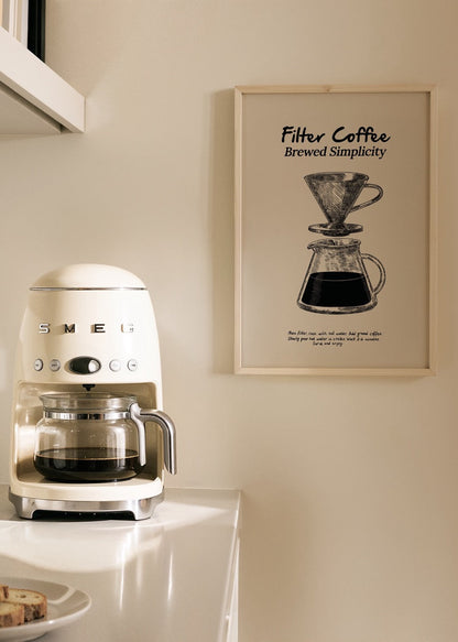Minimalist illustration of a coffee brewer with a glass pot and brewed coffee.