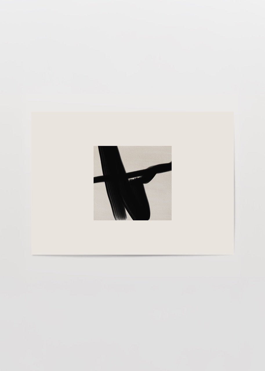 Monochrome abstract brushstroke artwork on a neutral background.