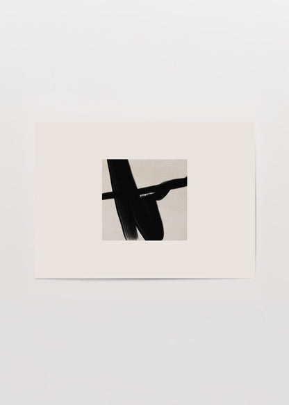 Monochrome abstract brushstroke artwork on a neutral background.