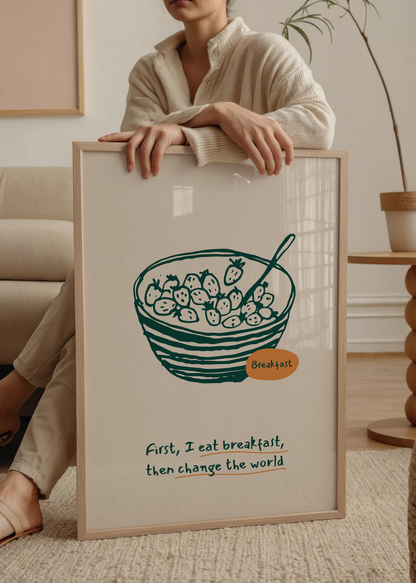 Whimsical breakfast bowl illustration with a motivational quote.