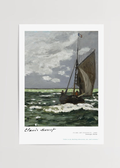 Art print of a sailing boat in stormy seas with dramatic clouds.