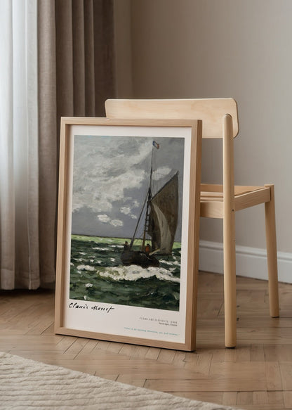Art print of a sailing boat in stormy seas with dramatic clouds.