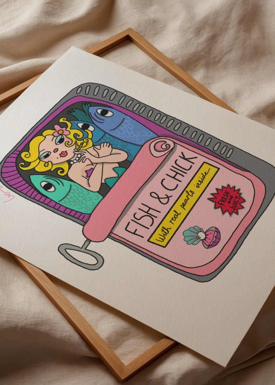 Illustrative Fish &amp; Chick Poster Print featuring playful graphics.