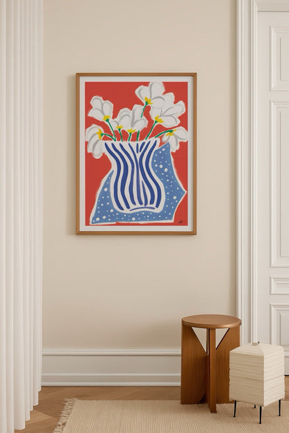 Vibrant autumn floral artwork featuring a striped vase.