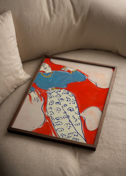 Vibrant illustration of a figure in floral trousers against a red background.