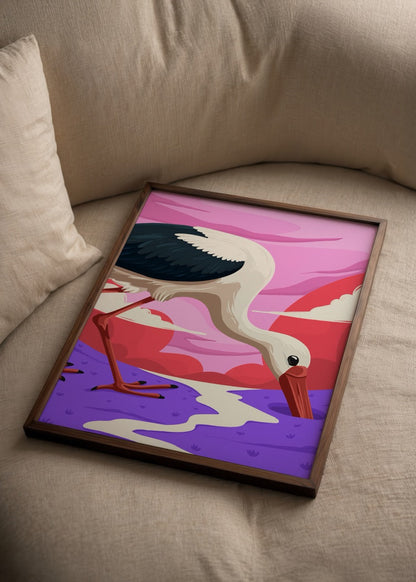 Illustrated stork in a vibrant landscape with pink skies.