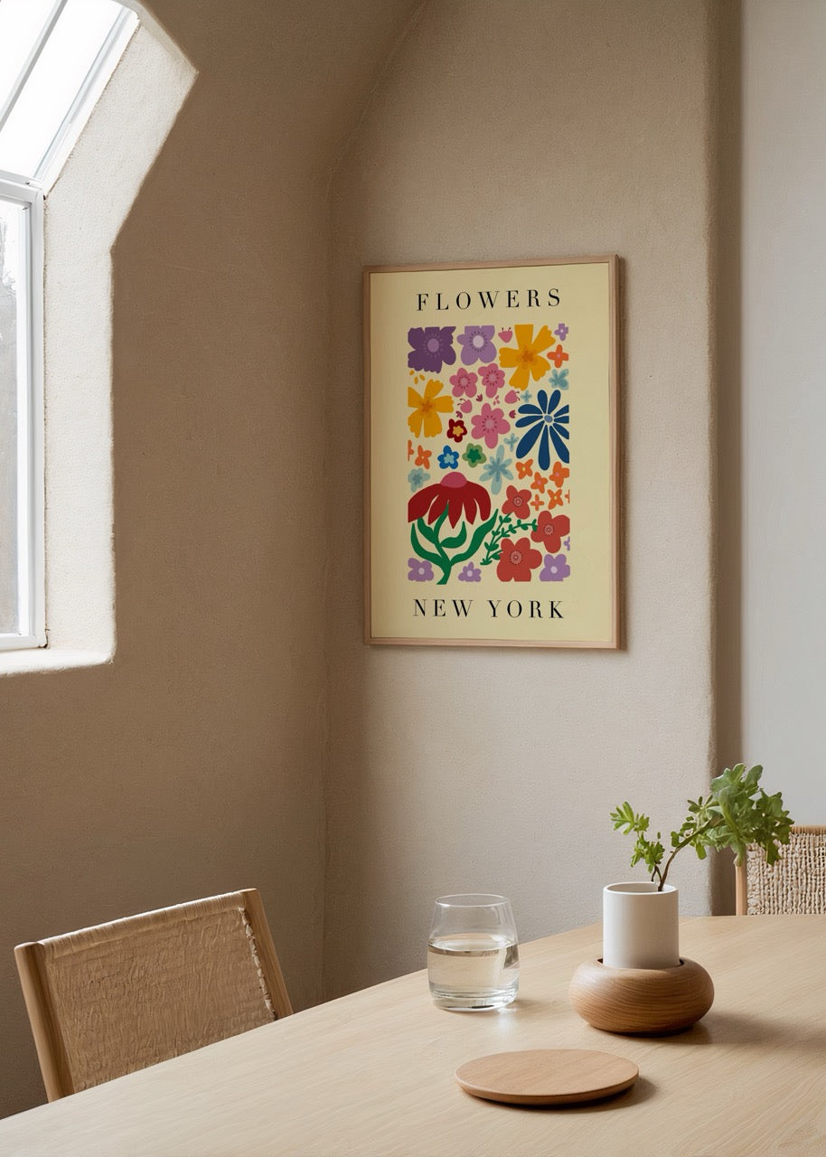 Colourful floral poster print featuring various flowers with a light background.