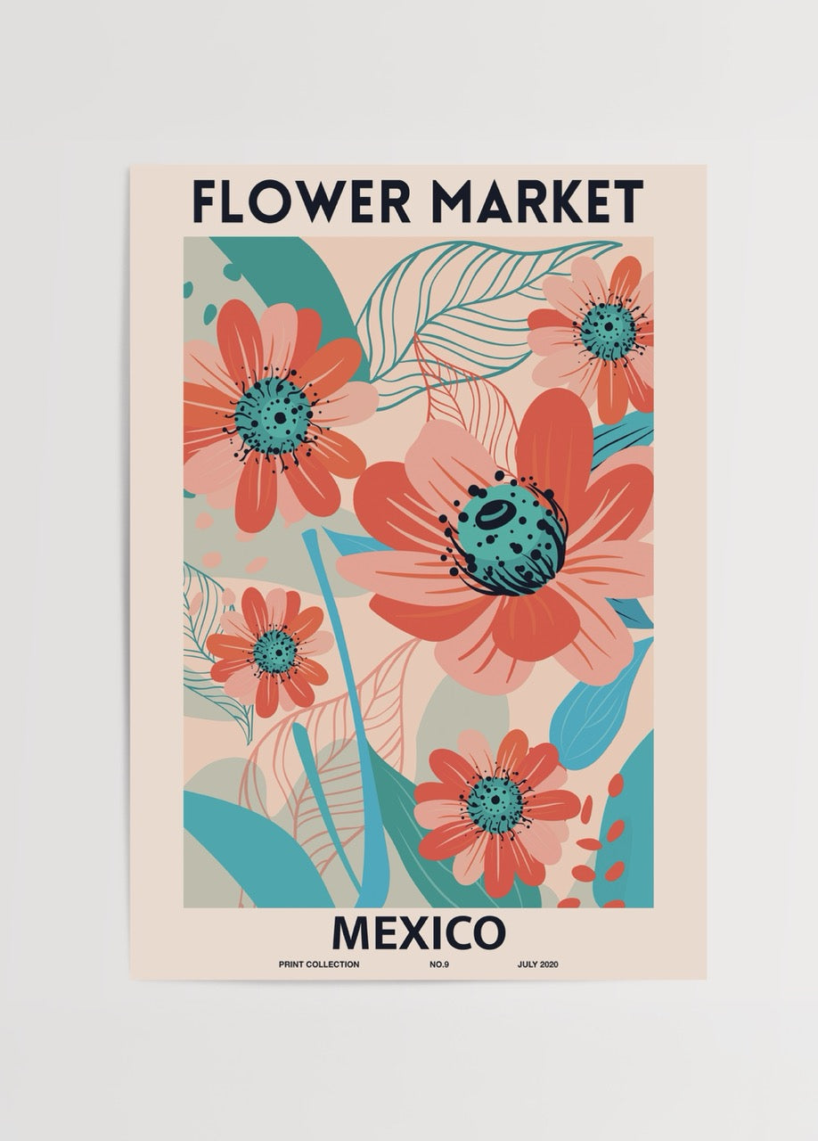 Vibrant floral market print featuring colorful flowers and leaves.