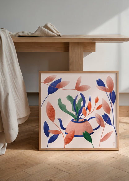 Flower Pot Poster Print featuring vibrant leaves and a whimsical pot.