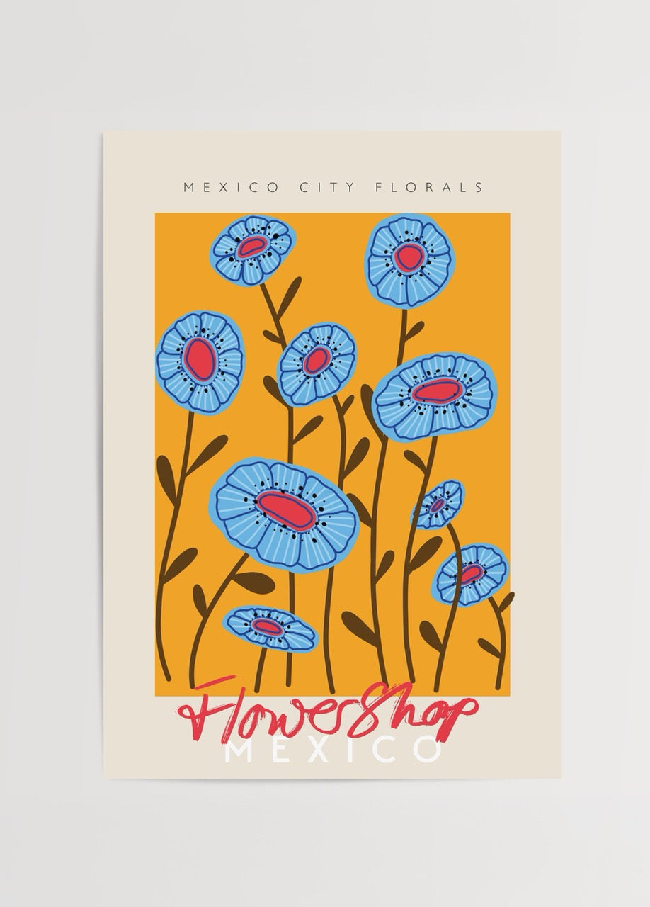 Vibrant floral illustration featuring blue flowers on an orange background.