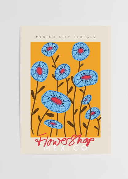 Vibrant floral illustration featuring blue flowers on an orange background.