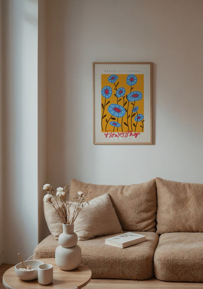Vibrant floral illustration featuring blue flowers on an orange background.