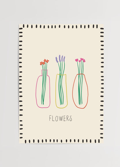 Whimsical poster print featuring flowers in vases against a beige background.