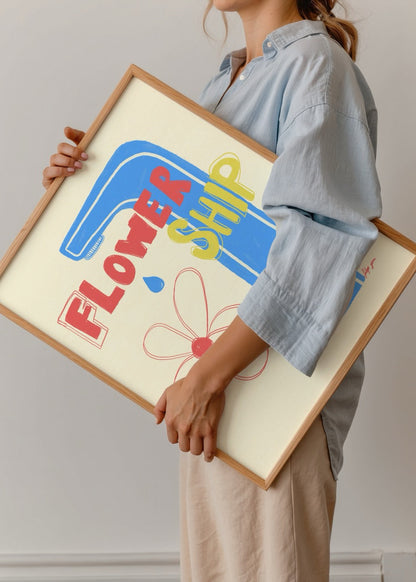 Vibrant Flowership poster featuring playful typography and a flower design.
