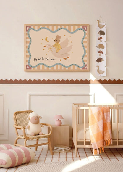 Whimsical kids poster featuring a rabbit on a goose under the moon, perfect for nursery decor.