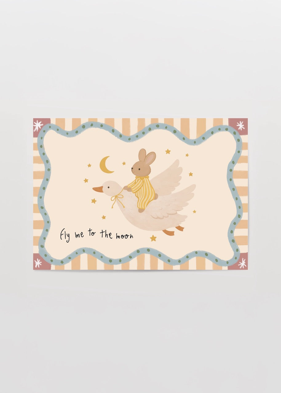 Whimsical kids poster featuring a rabbit on a goose under the moon, perfect for nursery decor.