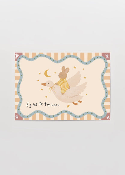 Whimsical kids poster featuring a rabbit on a goose under the moon, perfect for nursery decor.