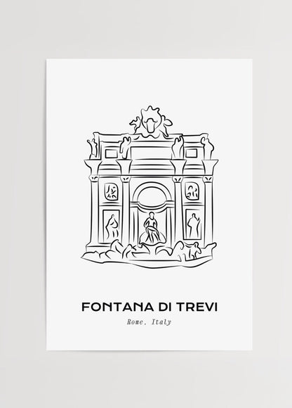 Line art print of the Trevi Fountain, capturing its elegant architecture.