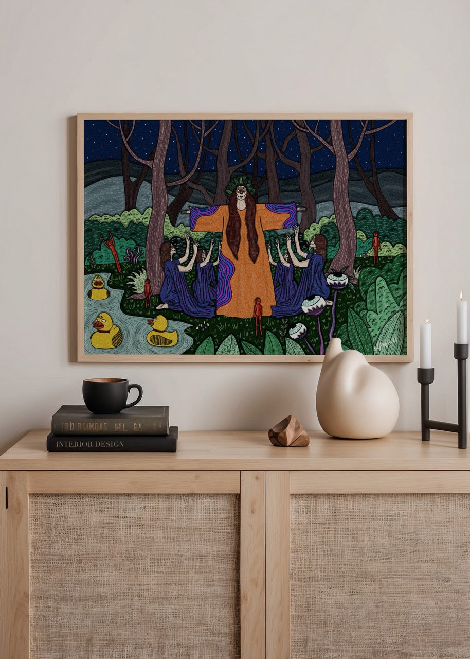 Enchanting forest illustration featuring mystical figures and lush greenery.