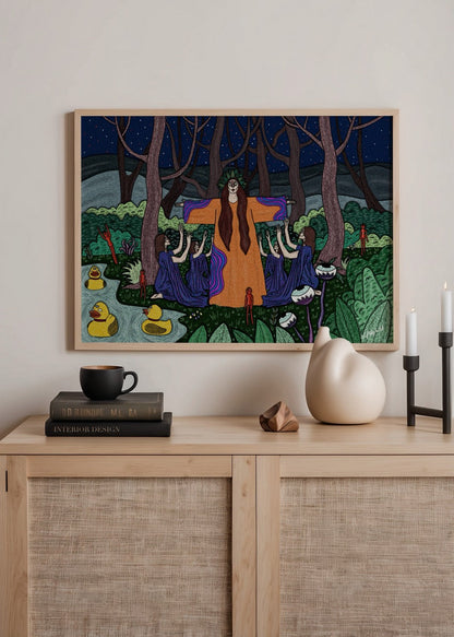 Enchanting forest illustration featuring mystical figures and lush greenery.