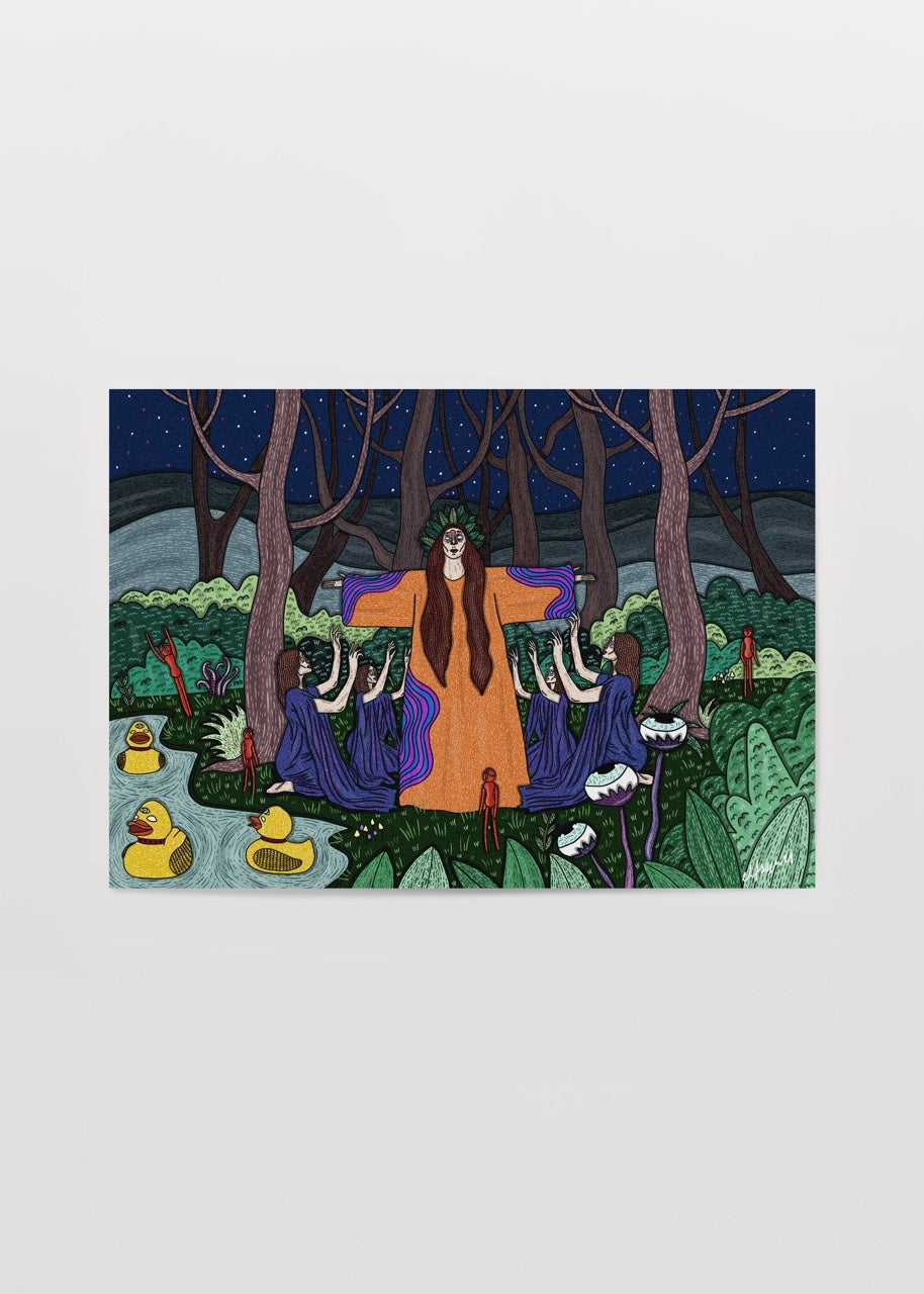 Enchanting forest illustration featuring mystical figures and lush greenery.