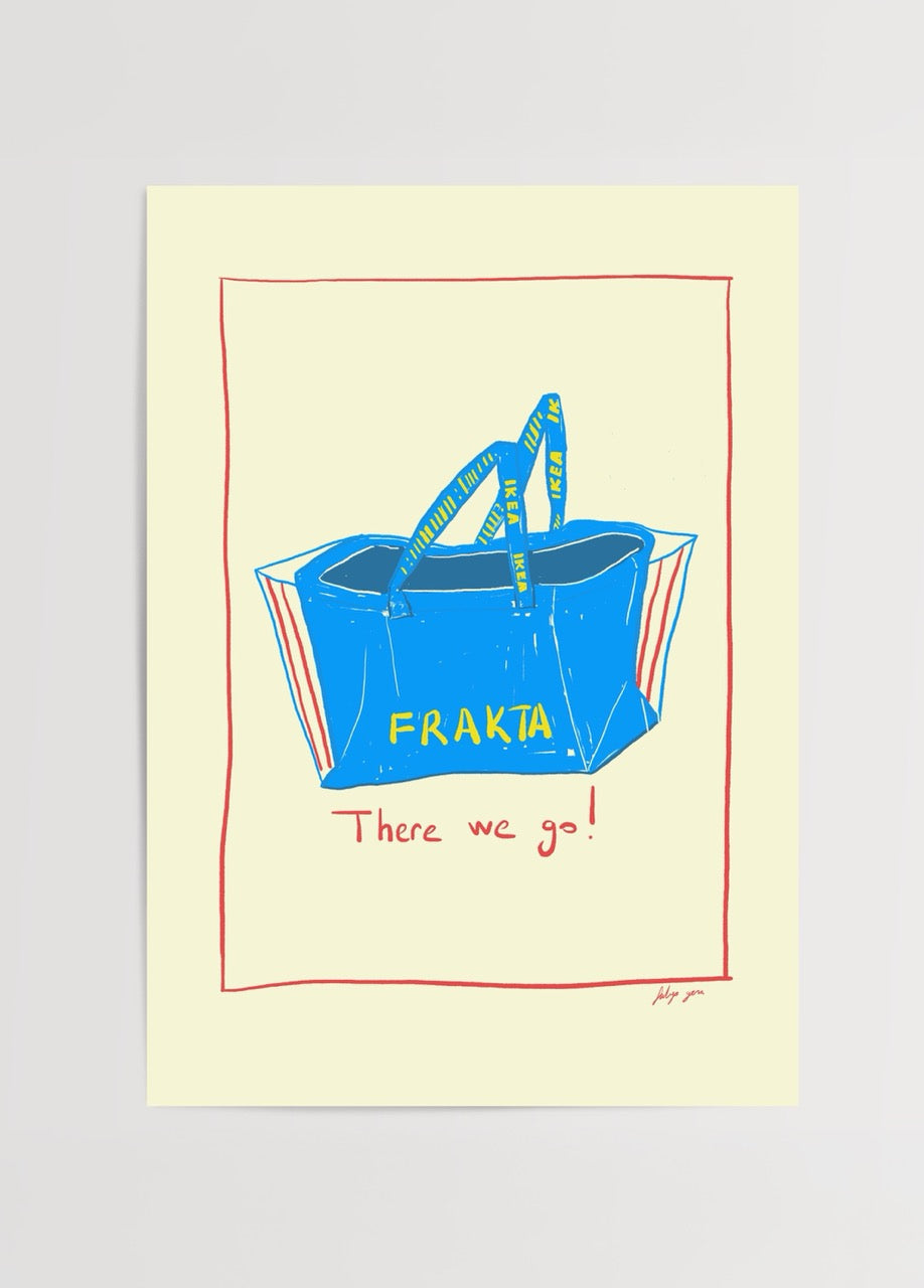 Vibrant Shipping Bag Poster Print featuring a blue bag on beige background.