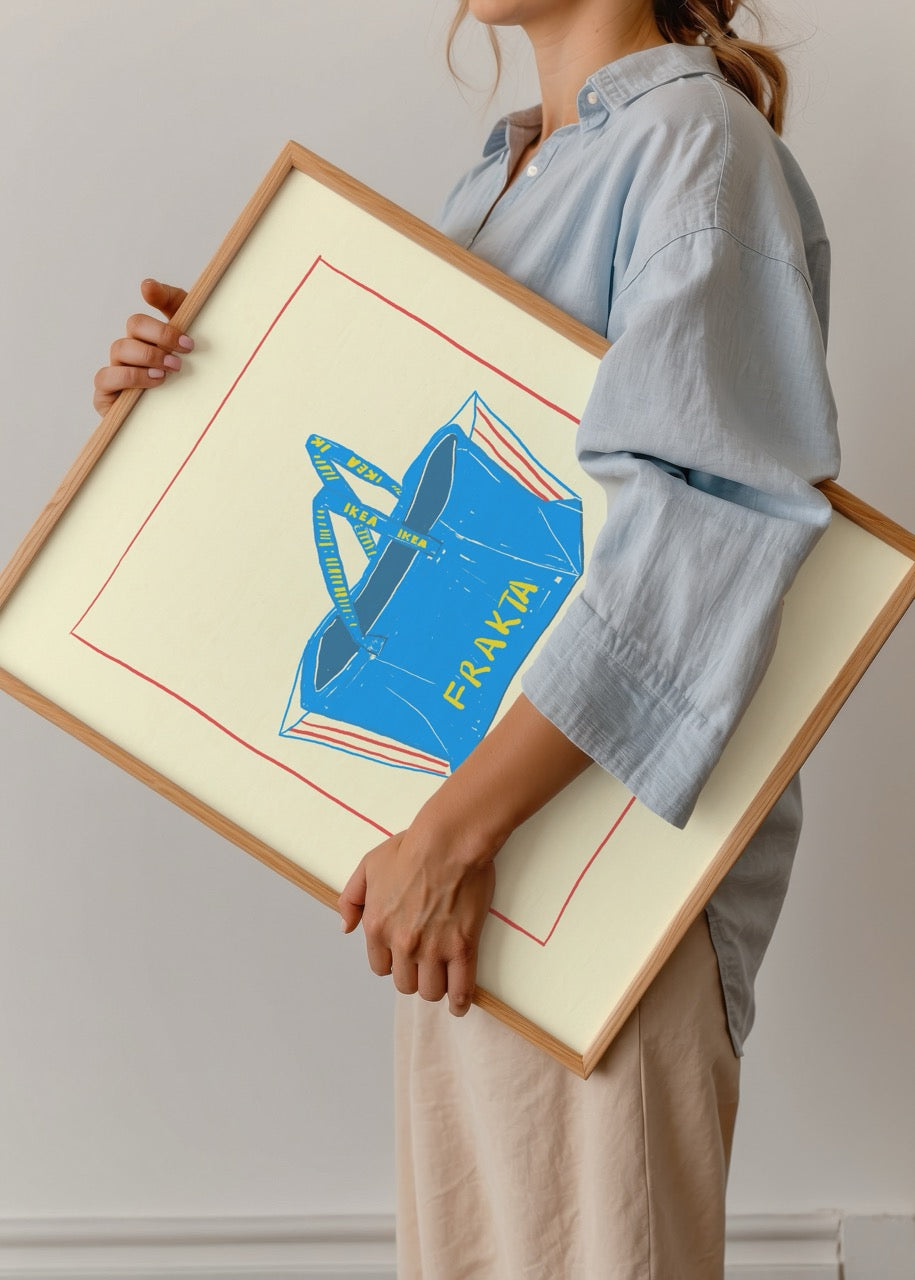 Vibrant Shipping Bag Poster Print featuring a blue bag on beige background.