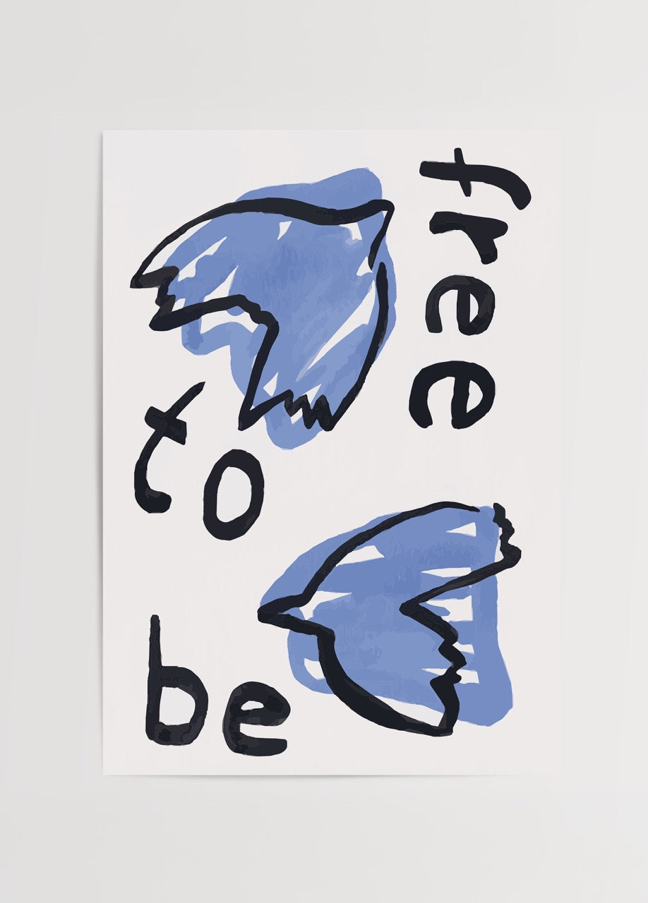 Soaring Freedom Typography Art Print featuring bold blue strokes and text.