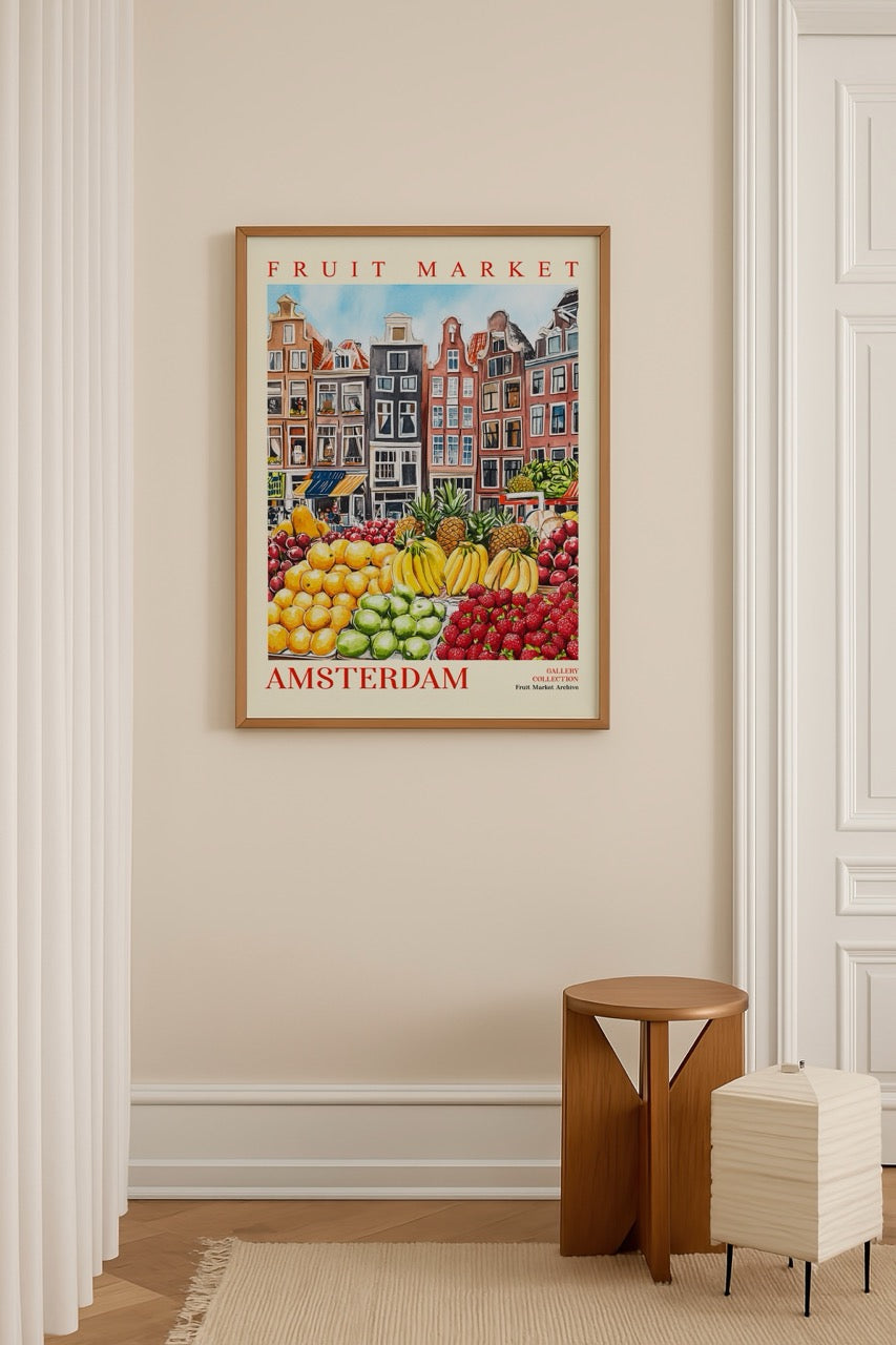 Vibrant Fruit Market Amsterdam Poster Print showcasing fresh fruits and architecture.
