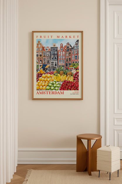 Vibrant Fruit Market Amsterdam Poster Print showcasing fresh fruits and architecture.
