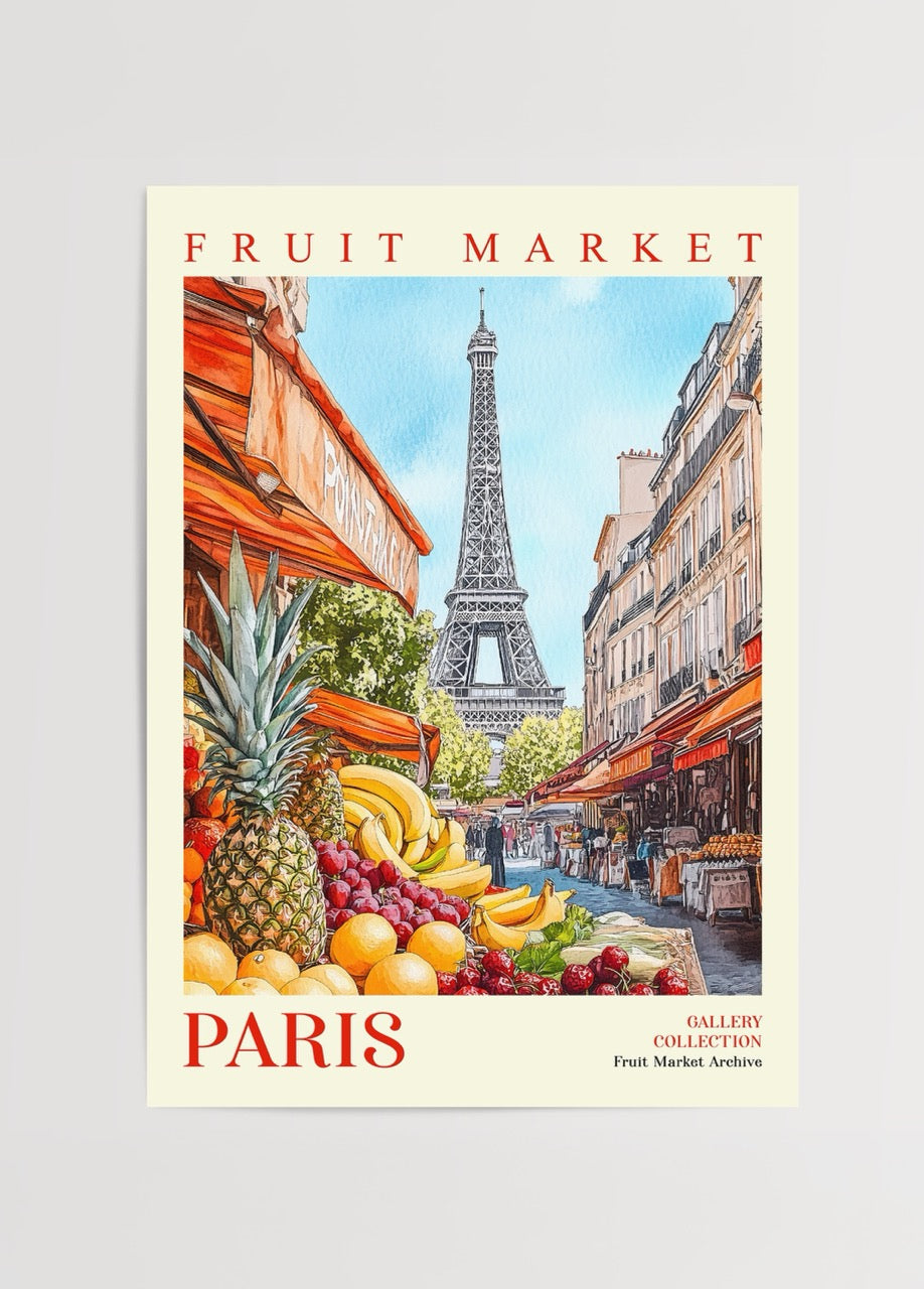 Vibrant Fruit Market Paris Poster Print featuring fruits and the Eiffel Tower.