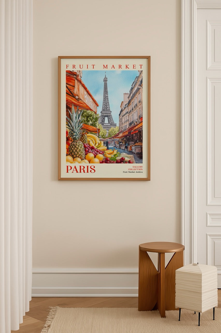 Vibrant Fruit Market Paris Poster Print featuring fruits and the Eiffel Tower.
