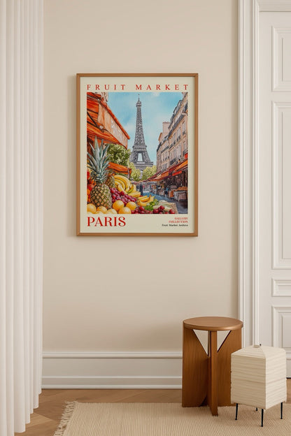 Vibrant Fruit Market Paris Poster Print featuring fruits and the Eiffel Tower.