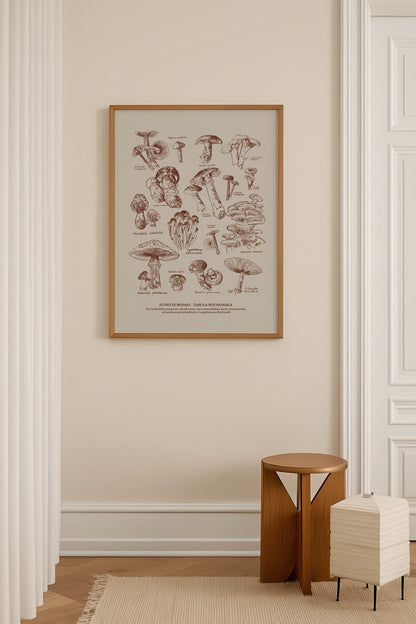Detailed illustration of various European fungi in earthy tones.