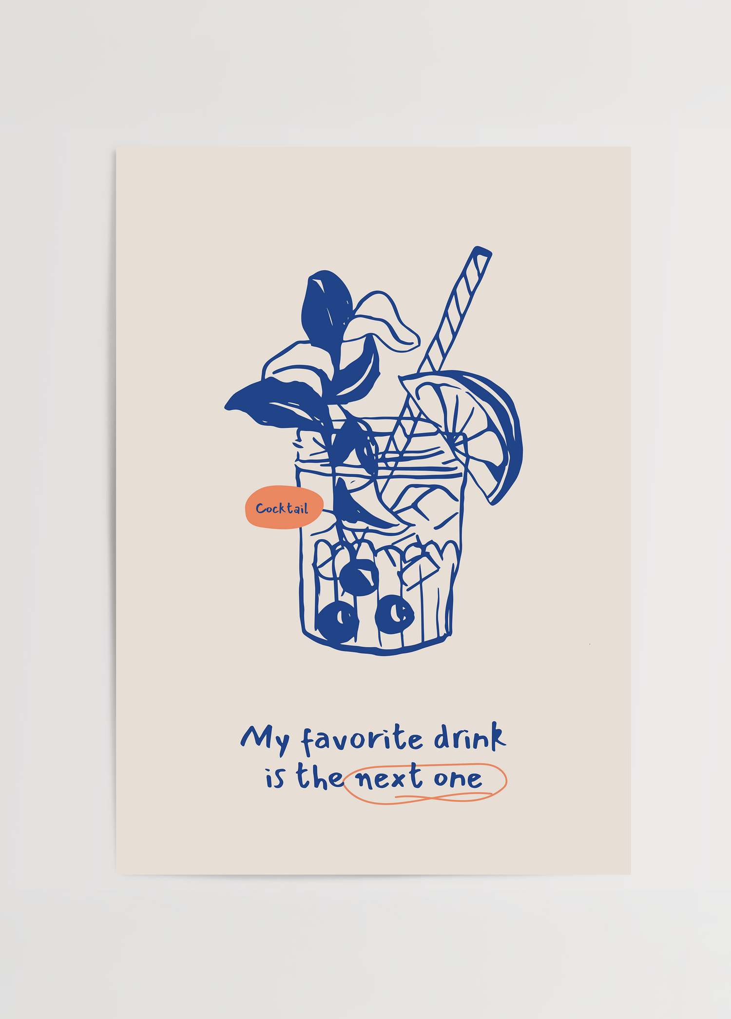 Humorous cocktail print with vibrant illustration and playful text.