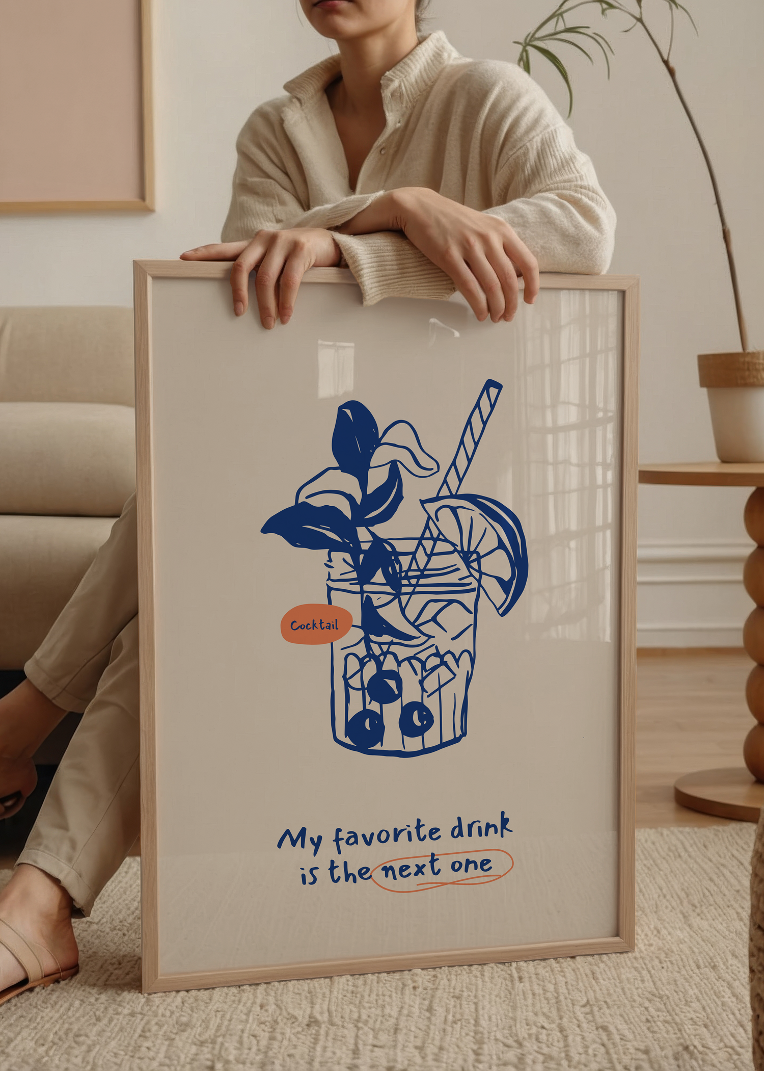 Humorous cocktail print with vibrant illustration and playful text.
