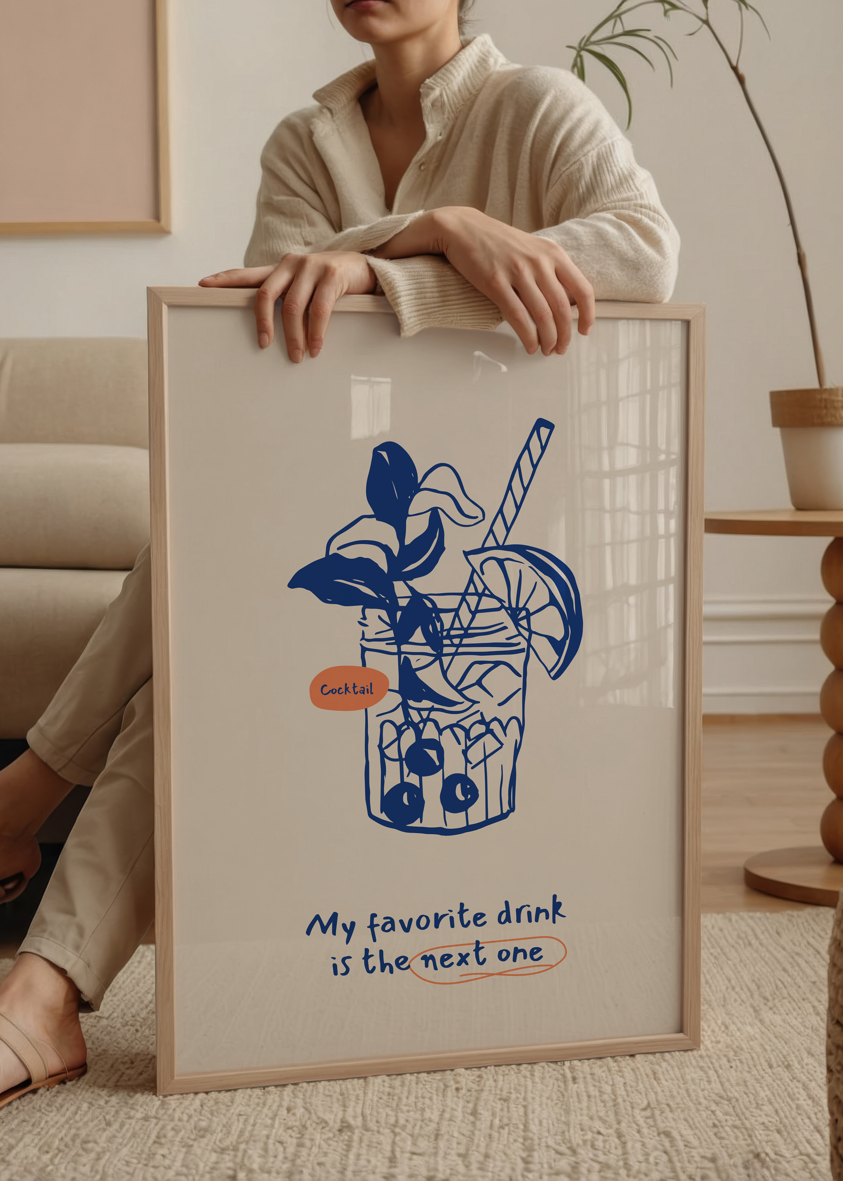 Humorous cocktail print with vibrant illustration and playful text.