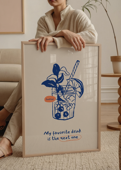 Humorous cocktail print with vibrant illustration and playful text.