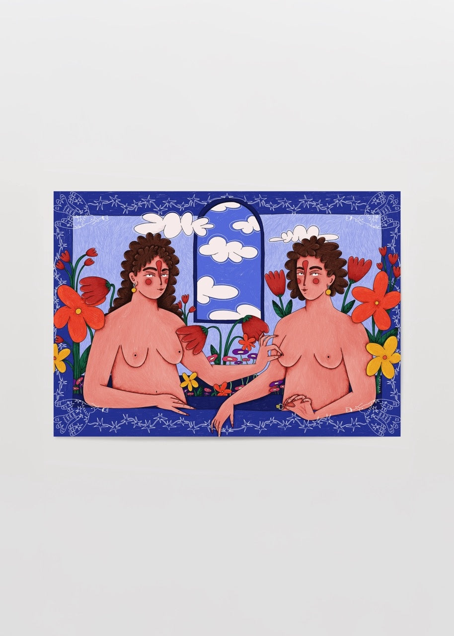 A vibrant poster print featuring two figures surrounded by flowers, ideal for interior styling.