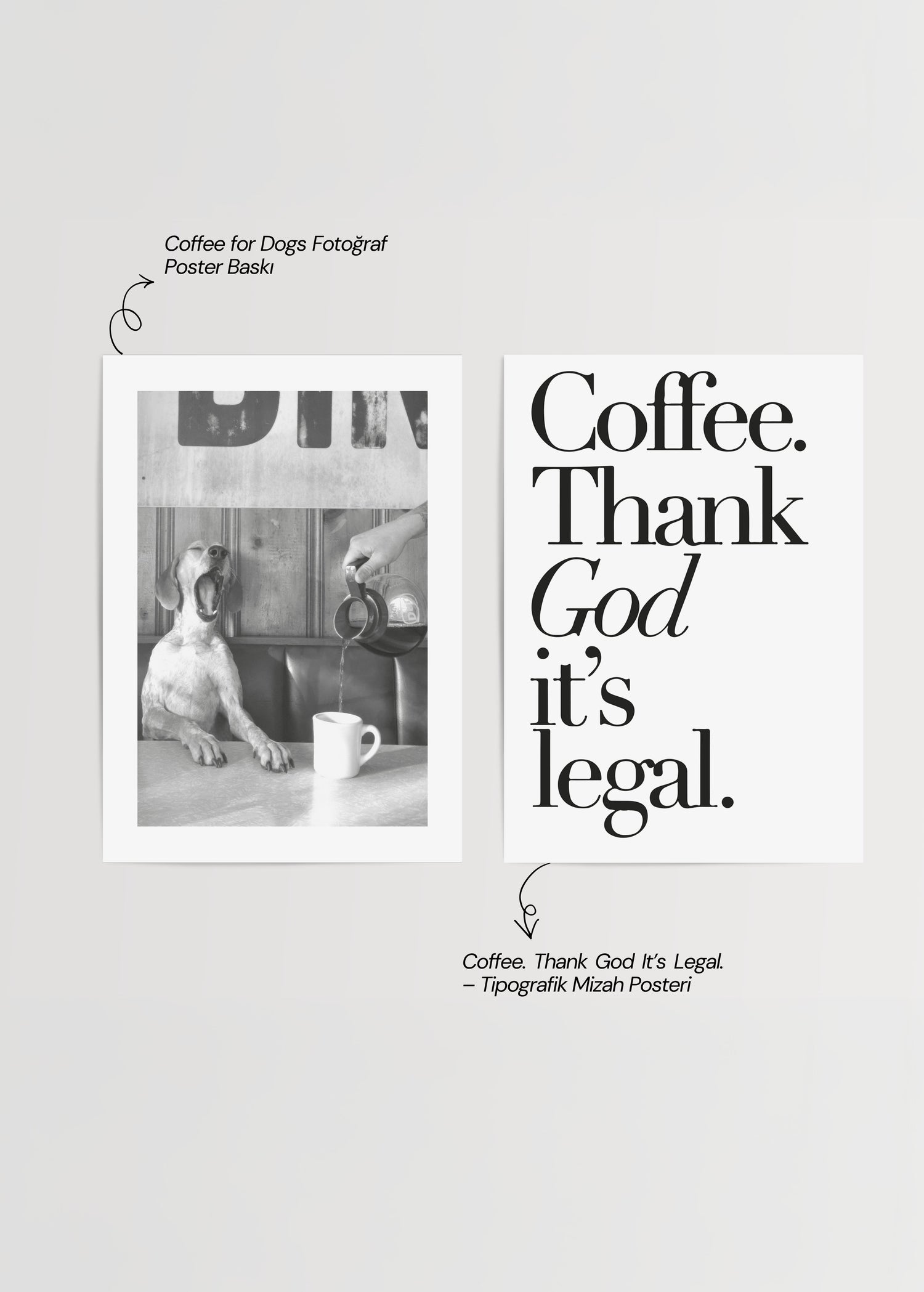 Whimsical coffee and dog-themed poster set for stylish interiors.