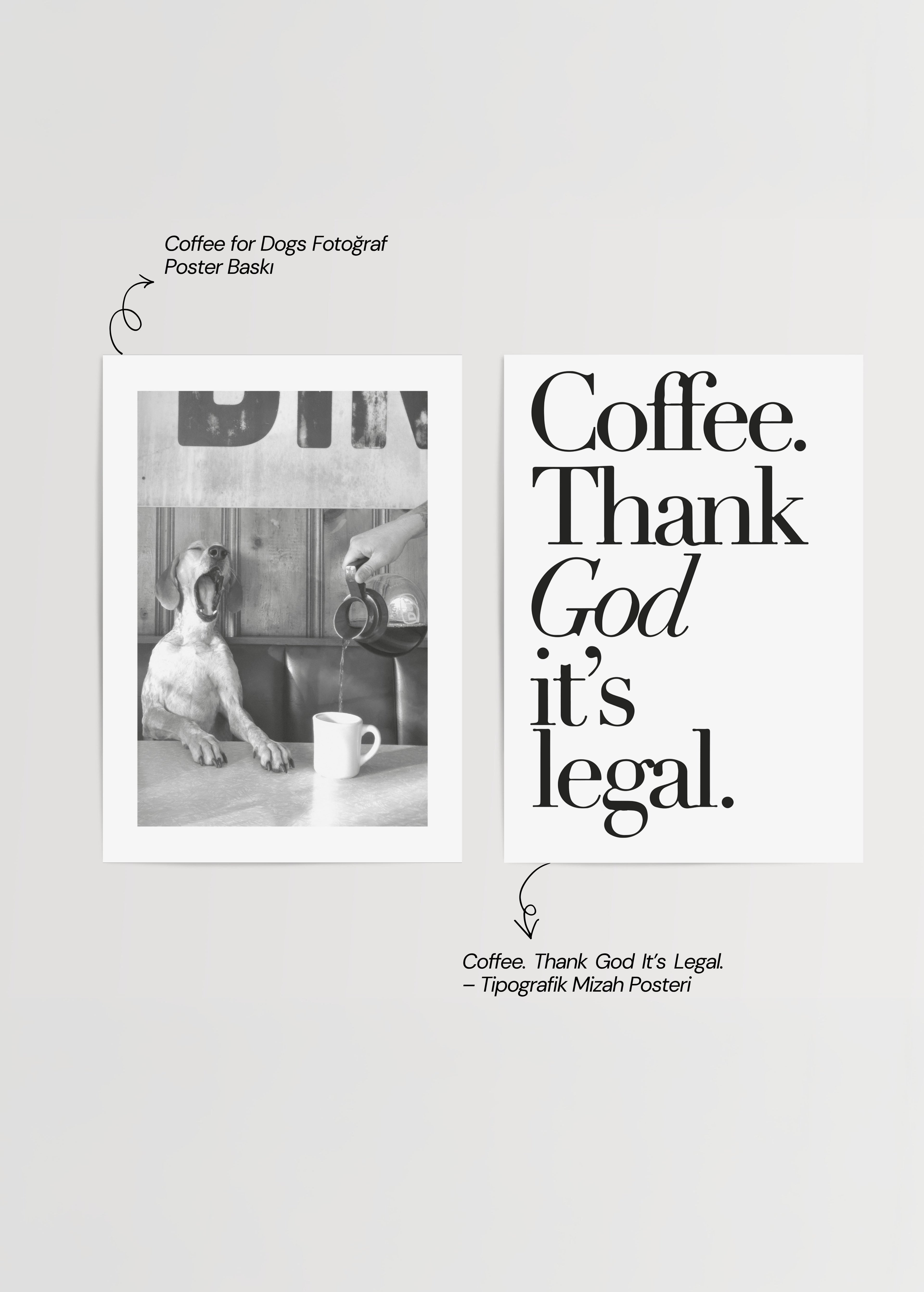 Whimsical coffee and dog-themed poster set for stylish interiors.