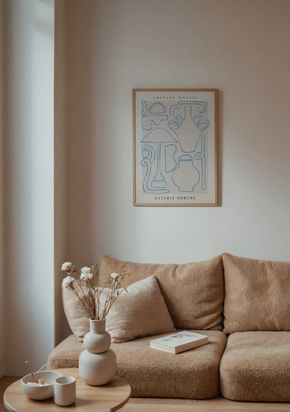 Contemporary art print featuring minimalist blue line designs on beige background.