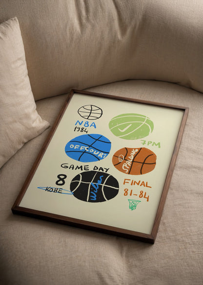 Colorful Game Day Poster Print featuring basketball-themed illustrations.