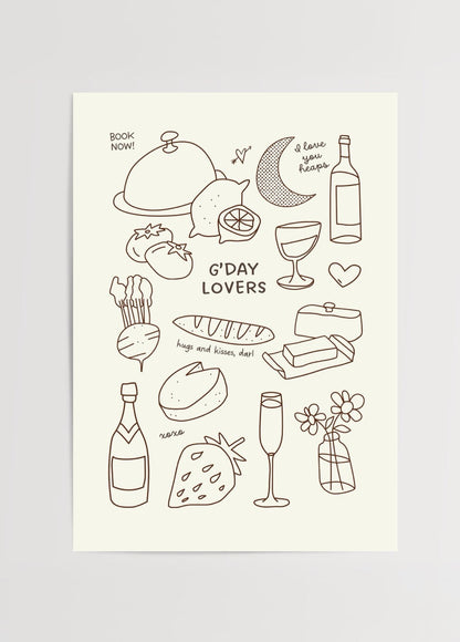 Minimalist poster featuring illustrations of food and drinks with a romantic theme.