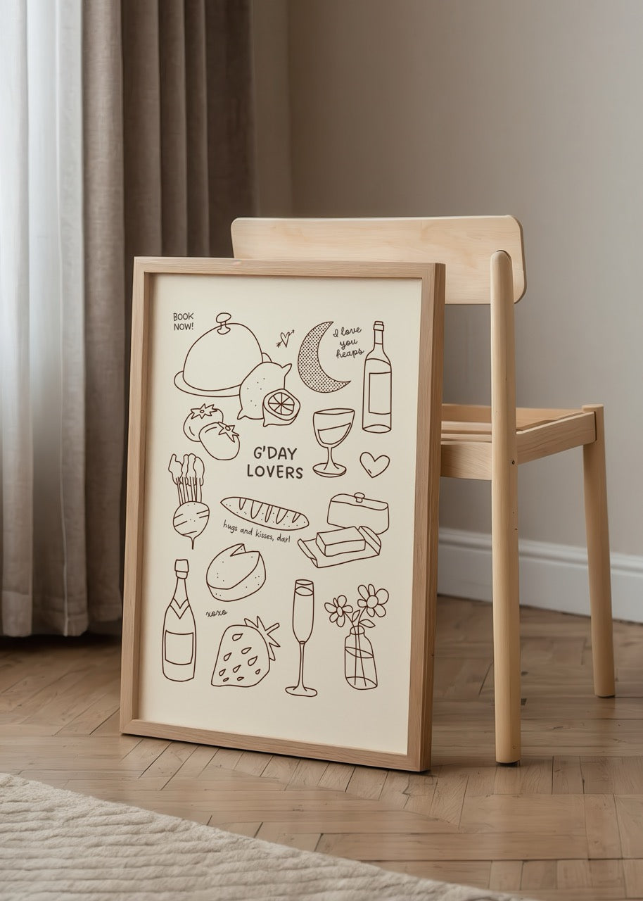 Minimalist poster featuring illustrations of food and drinks with a romantic theme.